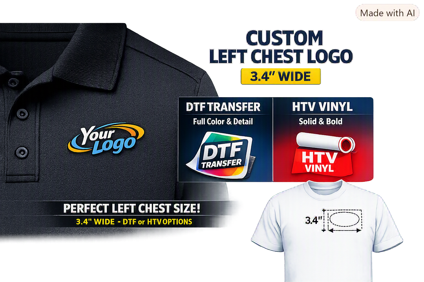 Custom Left Chest Logo – 3.4" Wide (DTF or HTV)