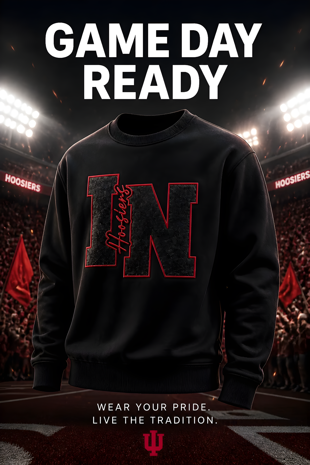 IN Hoosiers Crewneck in sleek Black‑on‑Black.
